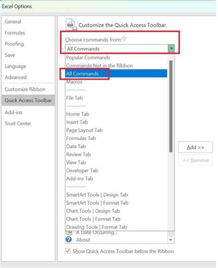 How do I add more commands to the Quick Access Toolbar?