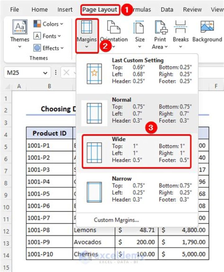 Where can I find the margins option in Excel ribbon?
